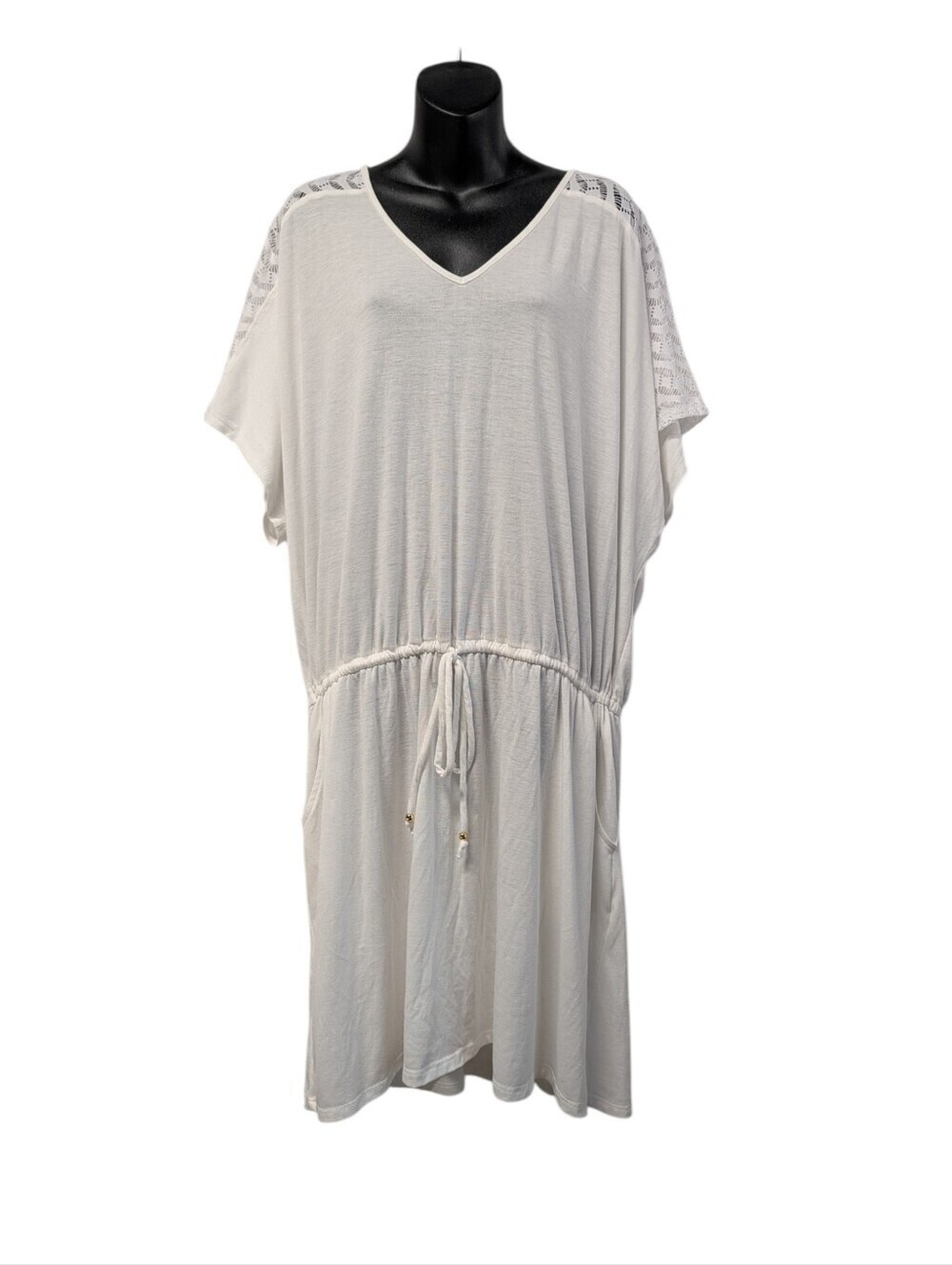 Sonnet Shores White Lace Shoulder Drawstring Waist Pocket Midi Soft Dress 1X